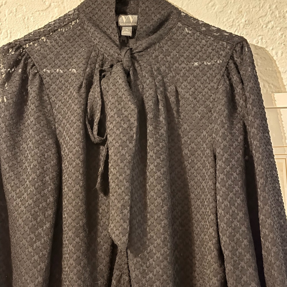 Worthington Black Textured Tie-Neck Blouse